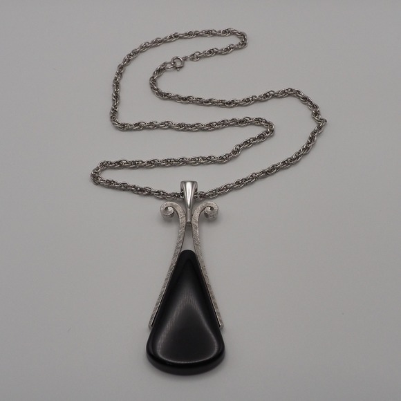 Avon Jewelry - Avon Ebony Teardrop Pendant Necklace Black Silver Tone Long Rope Chain Large MCM